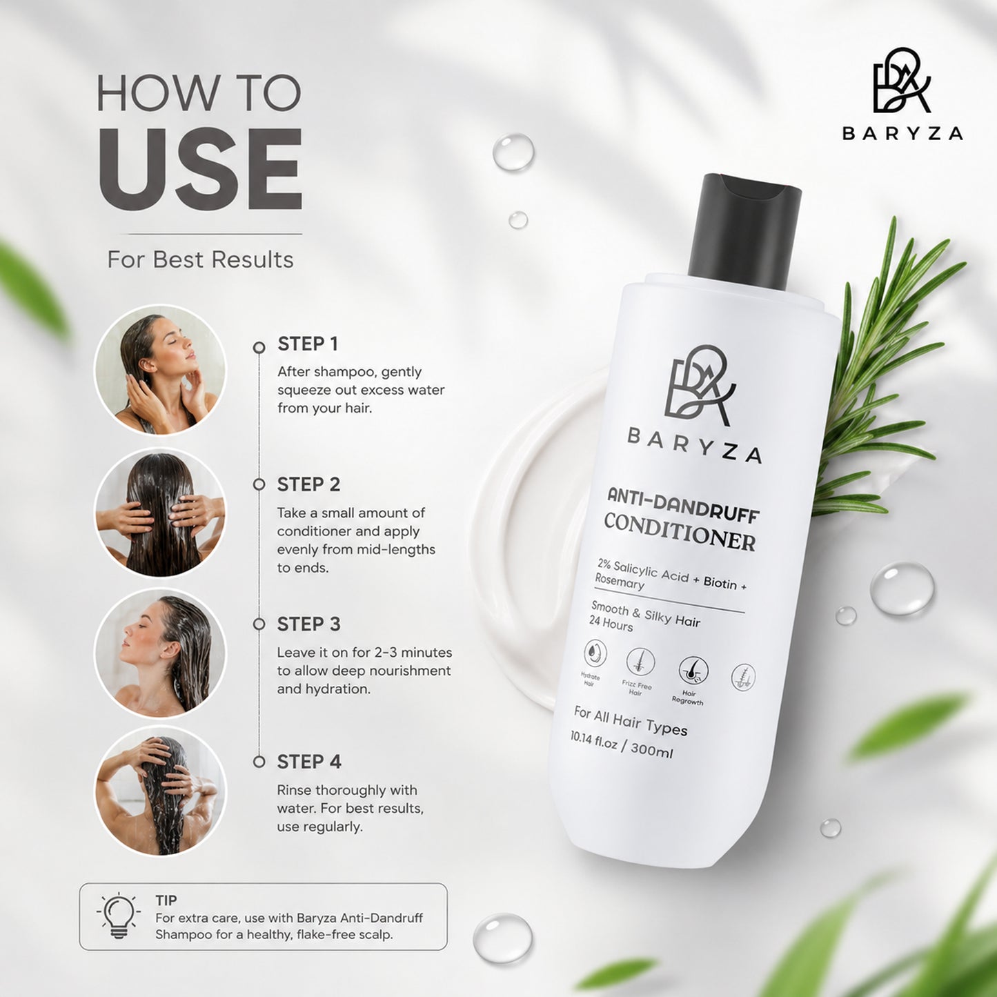 BARYZA Anti-Dandruff Conditioner with 2% Salicylic Acid, Biotin & Rosemary | Reduces Dandruff, Controls Frizz, Deeply Nourishes Hair | For Men & Women | All Hair Types | 300ml
