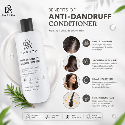 BARYZA Anti-Dandruff Conditioner with 2% Salicylic Acid, Biotin & Rosemary | Reduces Dandruff, Controls Frizz, Deeply Nourishes Hair | For Men & Women | All Hair Types | 300ml