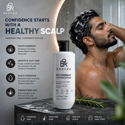 BARYZA Anti-Dandruff Conditioner with 2% Salicylic Acid, Biotin & Rosemary | Reduces Dandruff, Controls Frizz, Deeply Nourishes Hair | For Men & Women | All Hair Types | 300ml