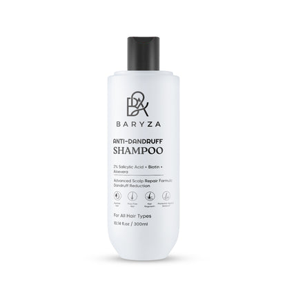 BARYZA Anti-Dandruff Shampoo with 2% Salicylic Acid, Biotin & Aloe Vera | Reduces Dandruff, Cleanses Scalp & Strengthens Hair | For Men & Women | All Hair Types | 300ml