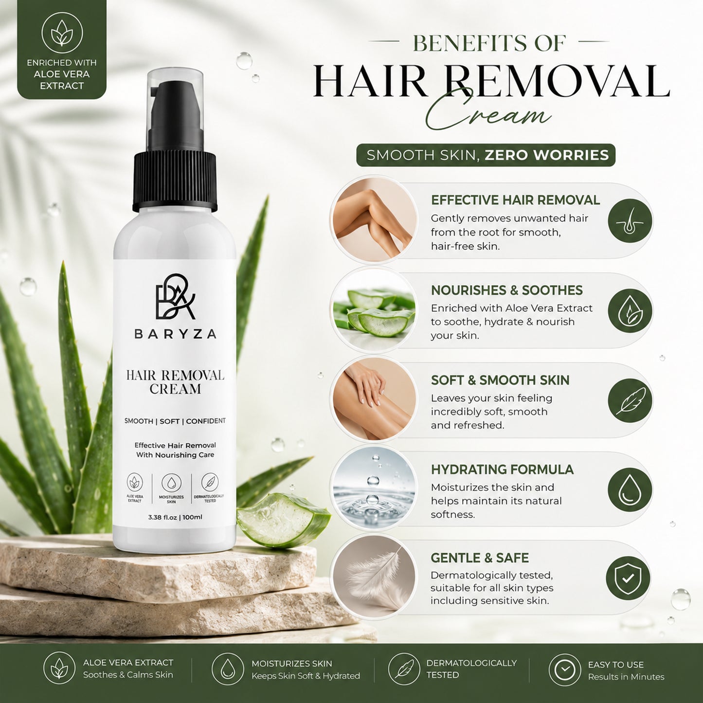 BARYZA Hair Removal Cream with Aloe Vera & Vitamin E