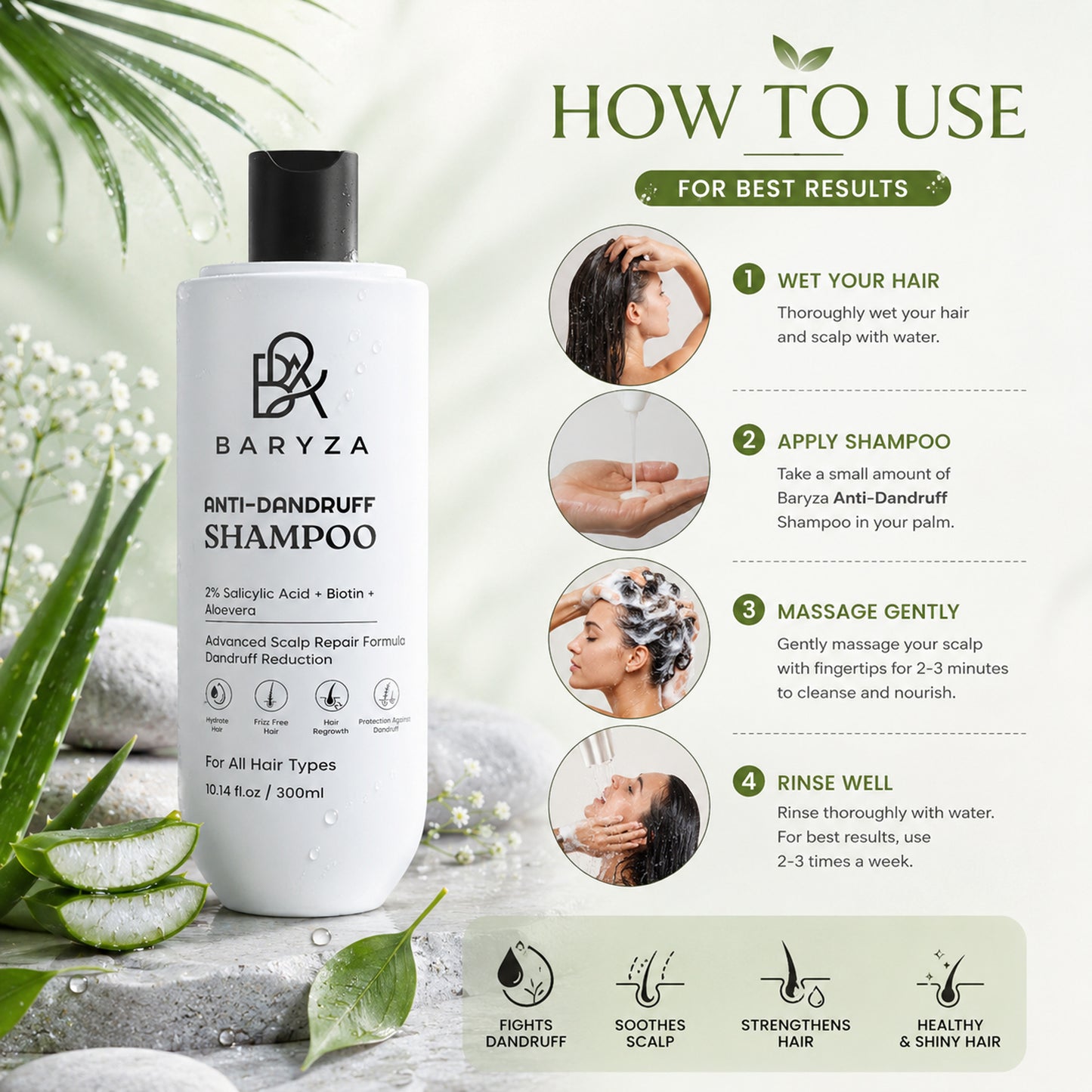 BARYZA Anti-Dandruff Shampoo with 2% Salicylic Acid, Biotin & Aloe Vera | Reduces Dandruff, Cleanses Scalp & Strengthens Hair | For Men & Women | All Hair Types | 300ml