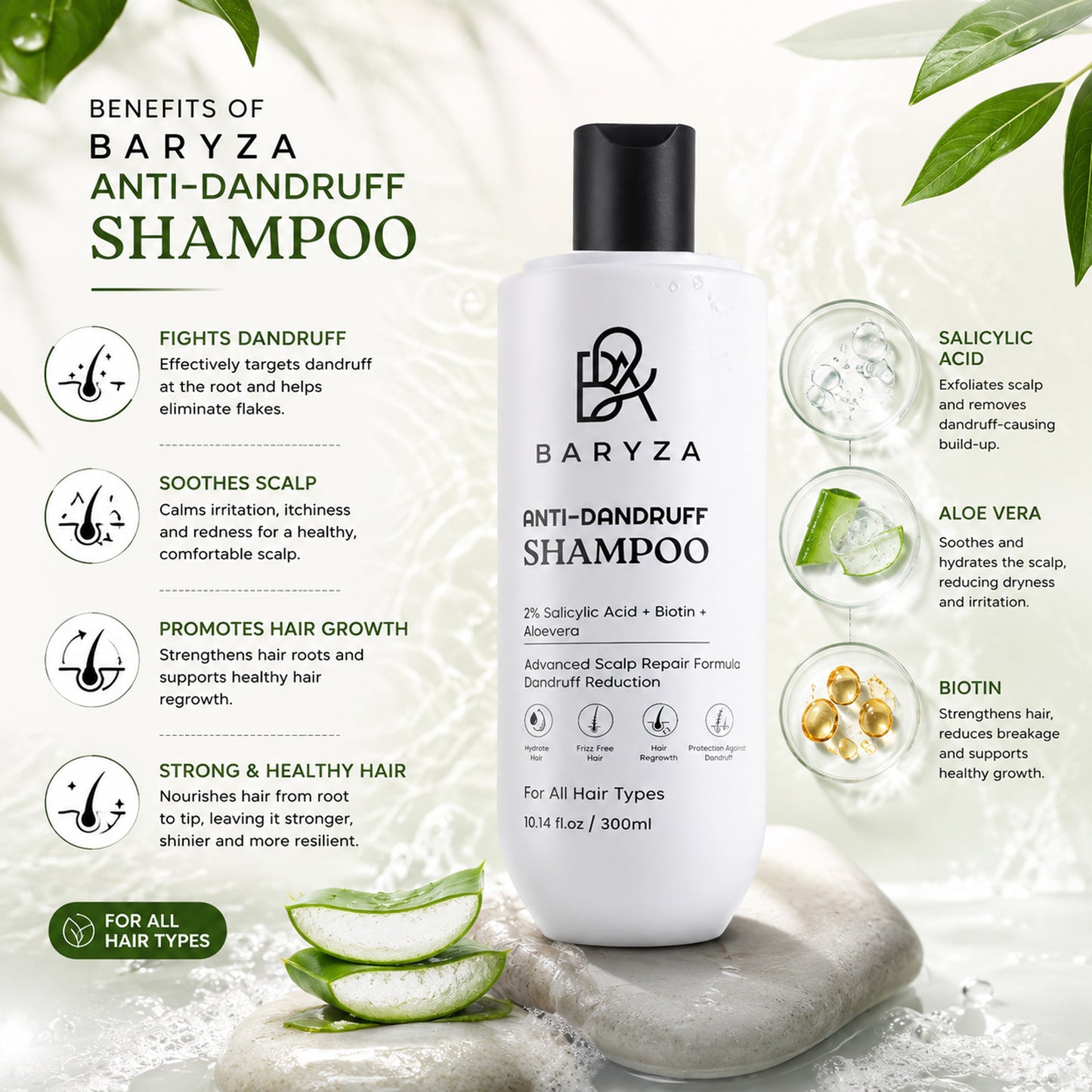 BARYZA Anti-Dandruff Shampoo with 2% Salicylic Acid, Biotin & Aloe Vera | Reduces Dandruff, Cleanses Scalp & Strengthens Hair | For Men & Women | All Hair Types | 300ml