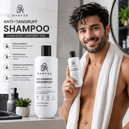 BARYZA Anti-Dandruff Shampoo with 2% Salicylic Acid, Biotin & Aloe Vera | Reduces Dandruff, Cleanses Scalp & Strengthens Hair | For Men & Women | All Hair Types | 300ml