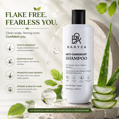 BARYZA Anti-Dandruff Shampoo with 2% Salicylic Acid, Biotin & Aloe Vera | Reduces Dandruff, Cleanses Scalp & Strengthens Hair | For Men & Women | All Hair Types | 300ml