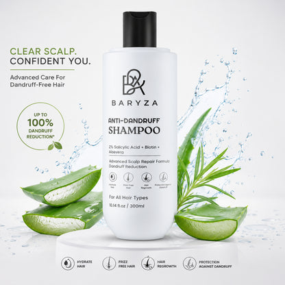 BARYZA Anti-Dandruff Shampoo with 2% Salicylic Acid, Biotin & Aloe Vera | Reduces Dandruff, Cleanses Scalp & Strengthens Hair | For Men & Women | All Hair Types | 300ml